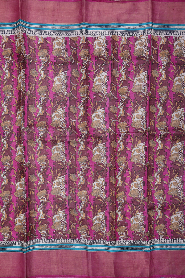 Tussar Silk Saree In Mulberry With Floral Printed Design