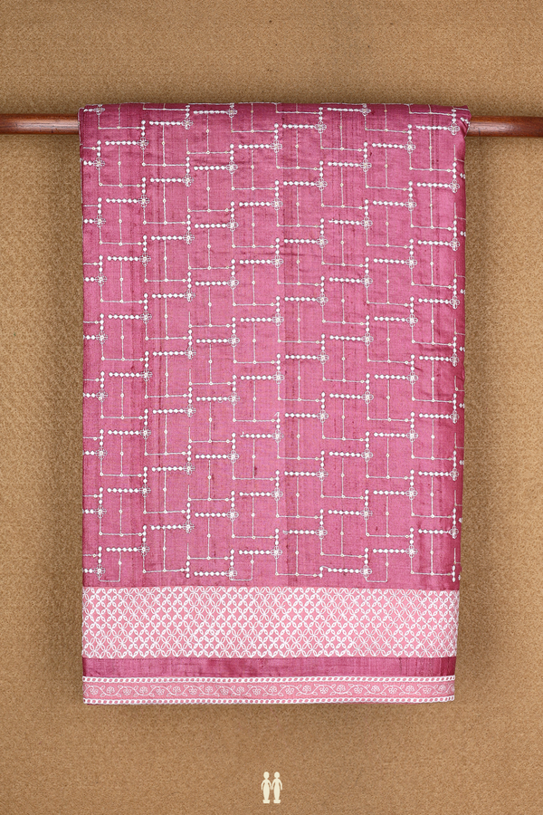 Tussar Silk Saree In Mulberry With Threadwork Design
