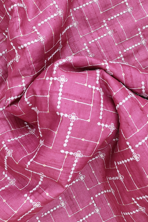 Tussar Silk Saree In Mulberry With Threadwork Design