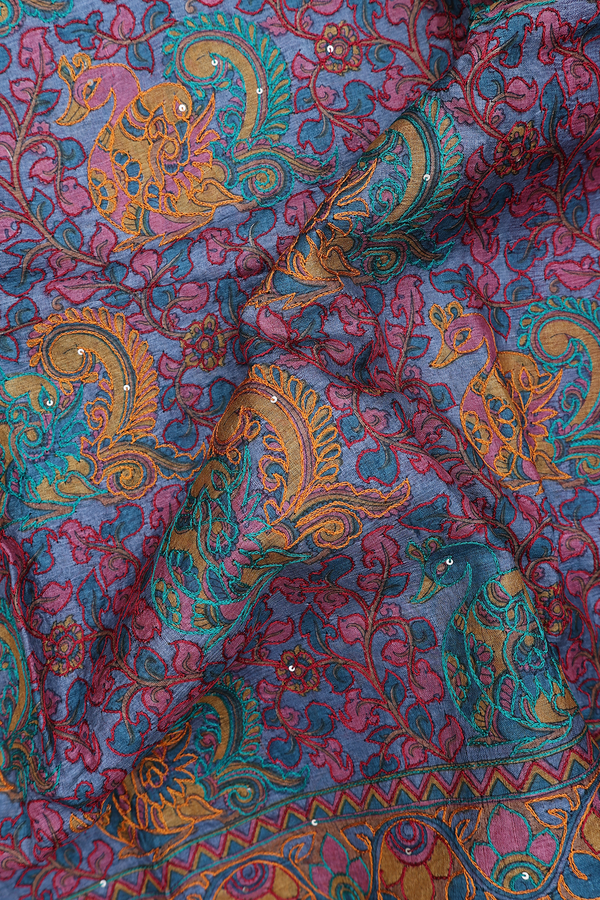 Tussar Silk Saree In Multicolor With Embroidered Design