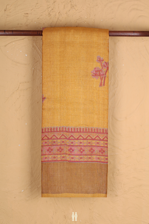 Tussar Silk Saree In Mustard Orange With Floral Design