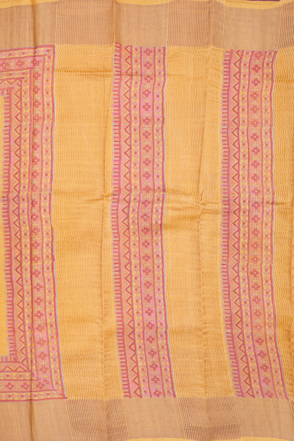 Tussar Silk Saree In Mustard Orange With Floral Design