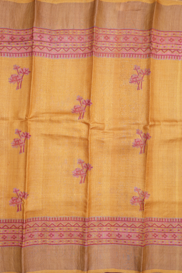 Tussar Silk Saree In Mustard Orange With Floral Design