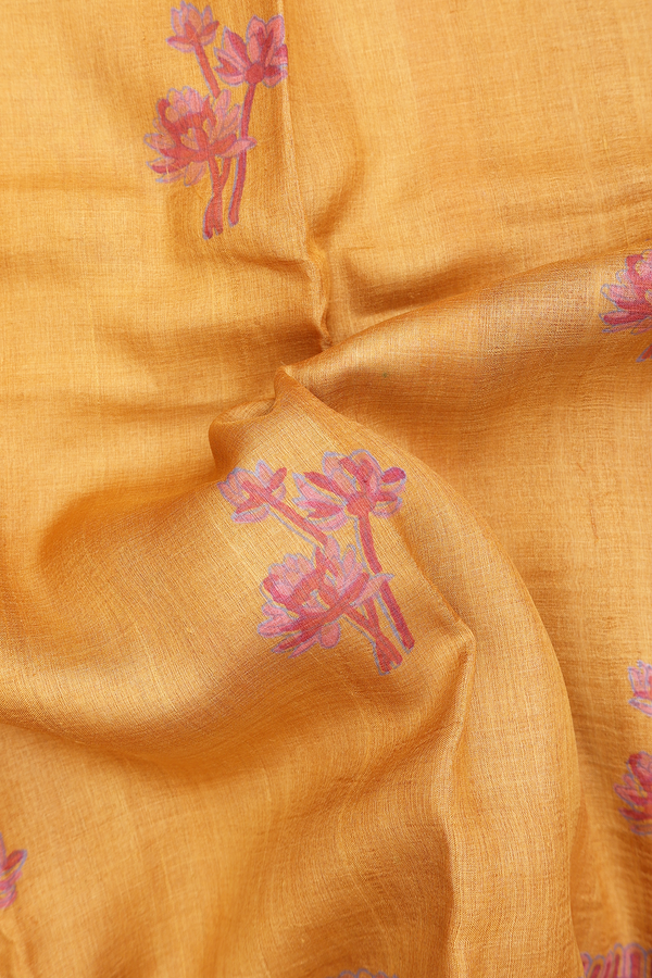 Tussar Silk Saree In Mustard Orange With Floral Design