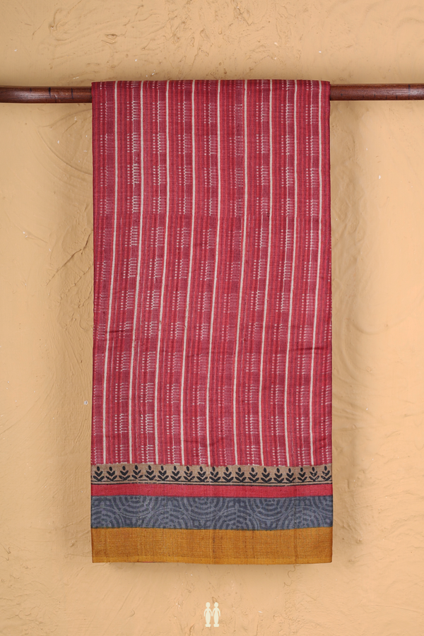Tussar Silk Saree In Red With Stripes Design