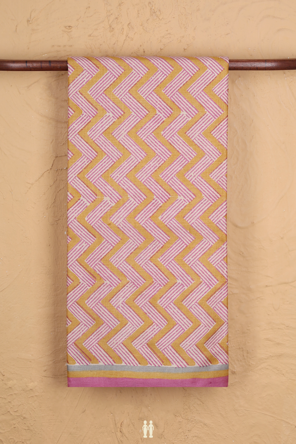 Tussar Silk Saree In Mustard Yellow With Chevron Design