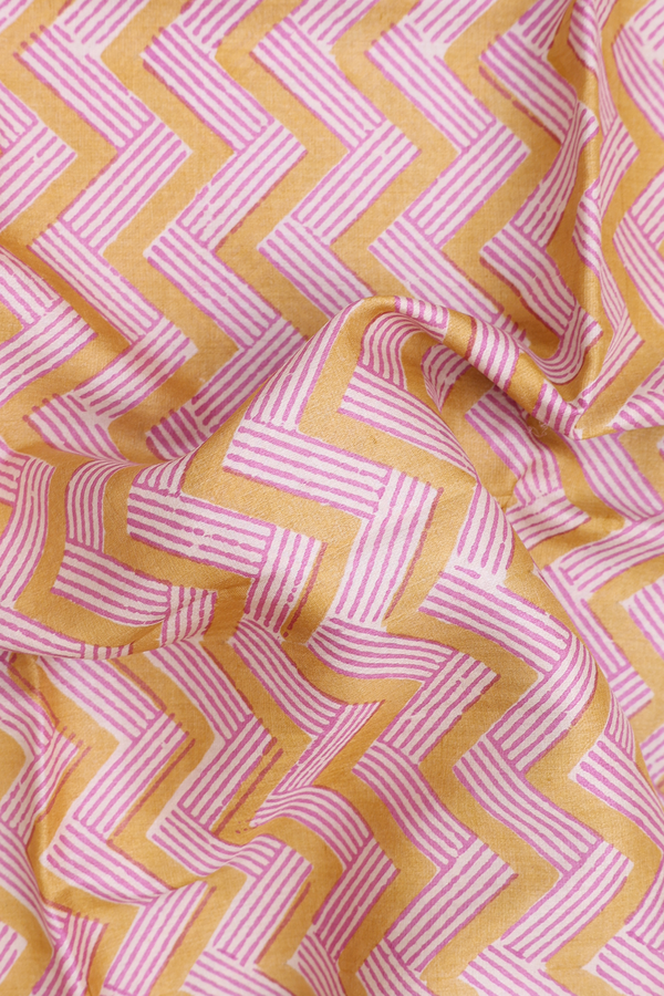 Tussar Silk Saree In Mustard Yellow With Chevron Design
