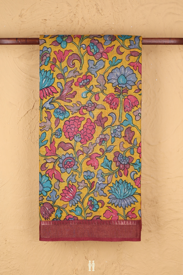 Tussar Silk Saree In Mustard Yellow With Floral Design