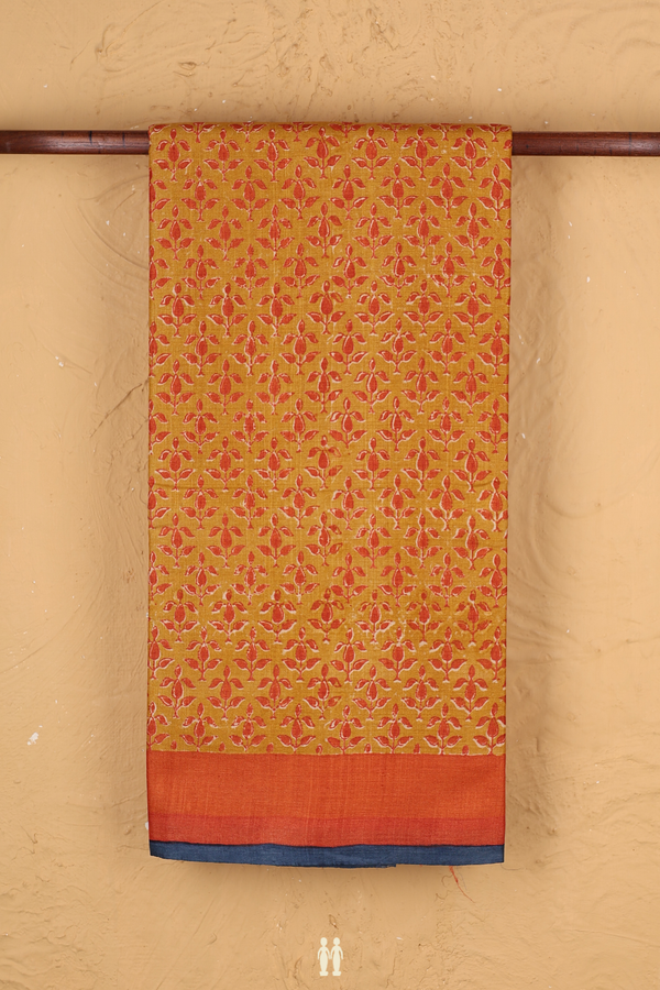 Tussar Silk Saree In Mustard Yellow With Floral Design