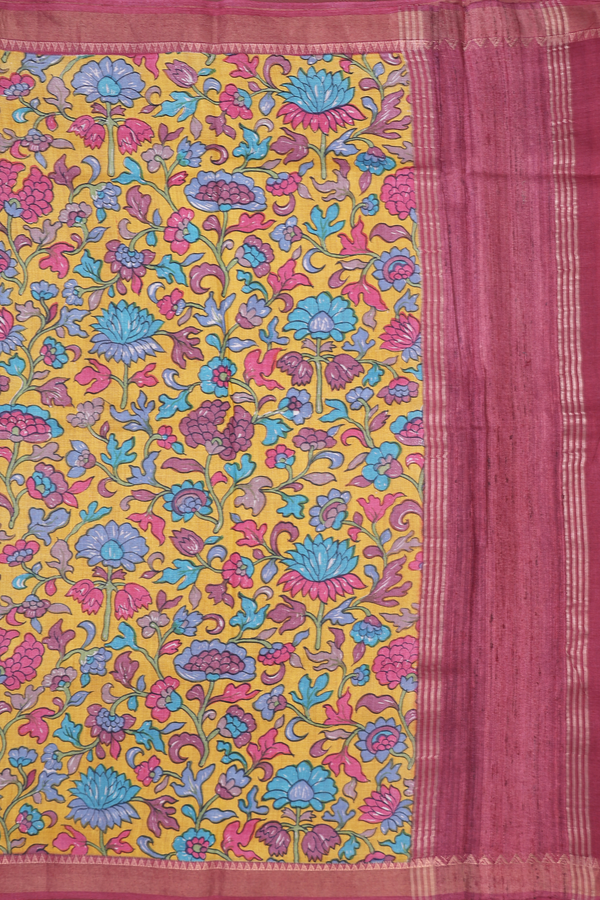 Tussar Silk Saree In Mustard Yellow With Floral Design
