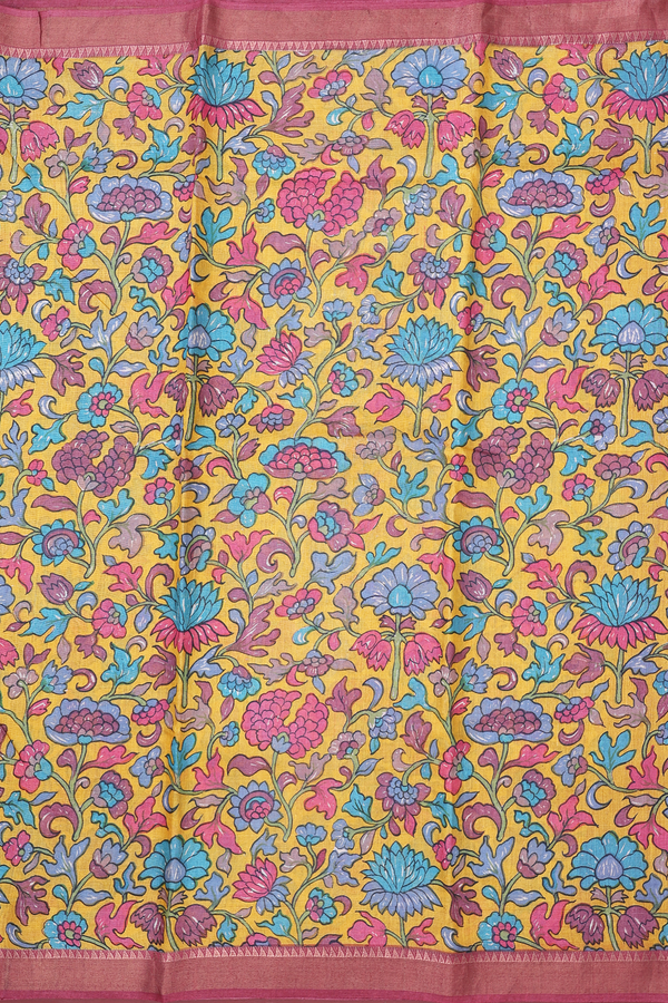 Tussar Silk Saree In Mustard Yellow With Floral Design