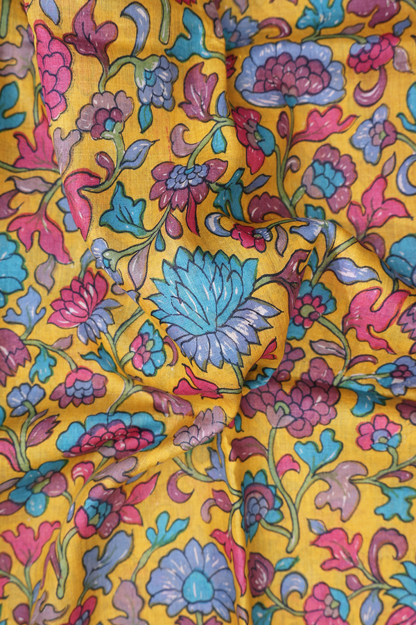 Tussar Silk Saree In Mustard Yellow With Floral Design