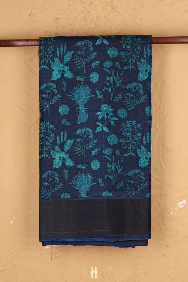 Tussar Silk Saree In Navy Blue With Floral Design