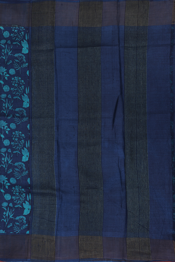 Tussar Silk Saree In Navy Blue With Floral Design