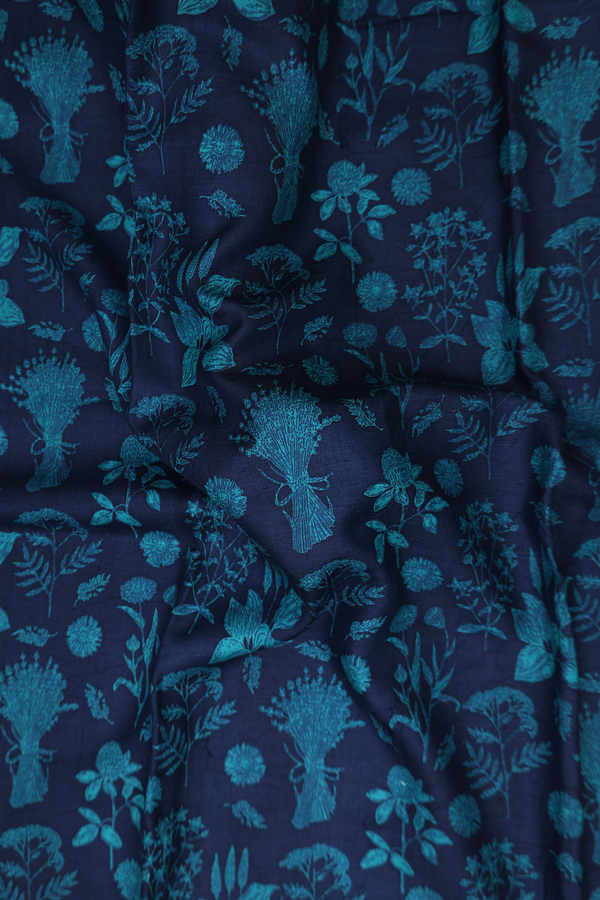 Tussar Silk Saree In Navy Blue With Floral Design