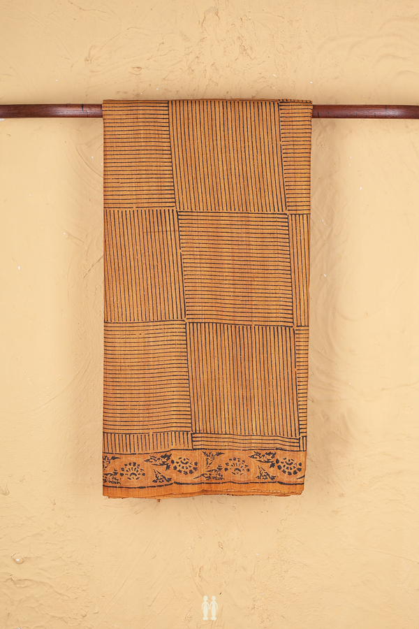 Tussar Silk Saree In Ochre Orange With Checks Design
