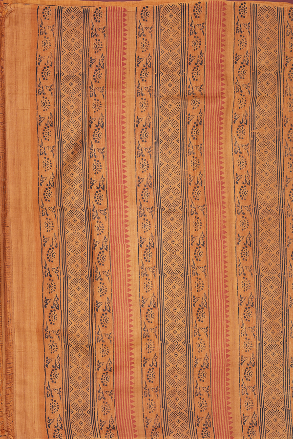 Tussar Silk Saree In Ochre Orange With Checks Design
