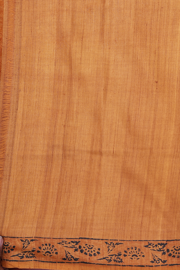 Tussar Silk Saree In Ochre Orange With Checks Design