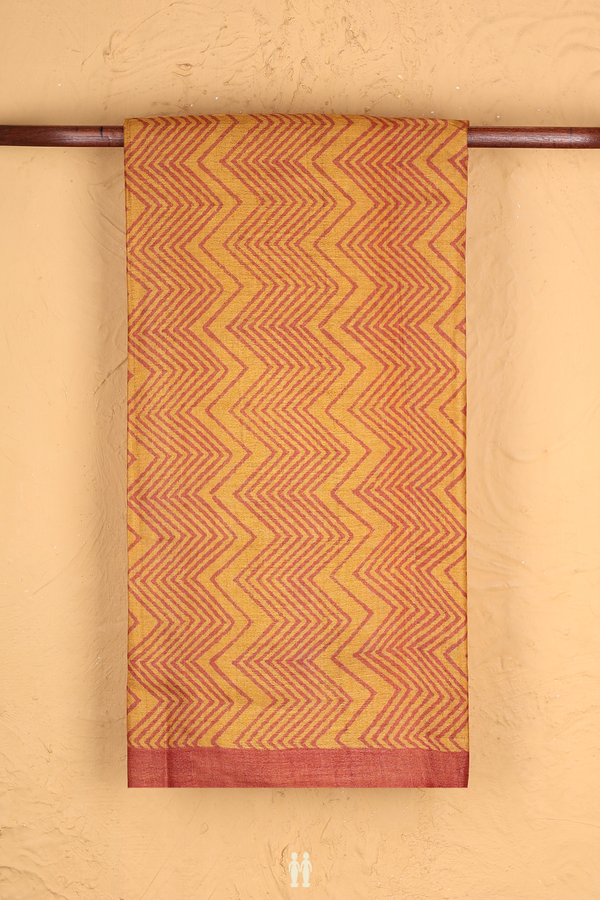 Tussar Silk Saree In Ochre Orange With Chevron Design