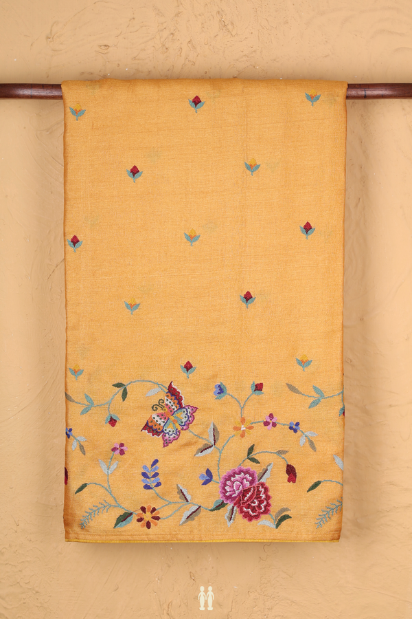 Tussar Silk Saree In Ochre Orange With Floral Buttas