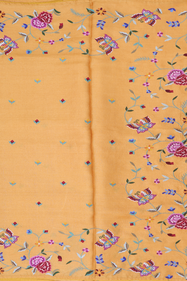 Tussar Silk Saree In Ochre Orange With Floral Buttas
