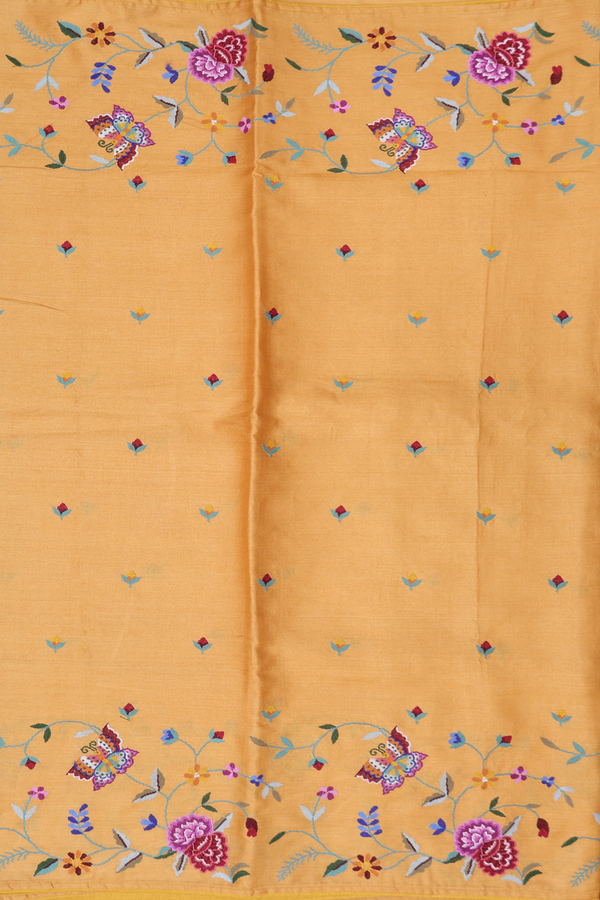 Tussar Silk Saree In Ochre Orange With Floral Buttas