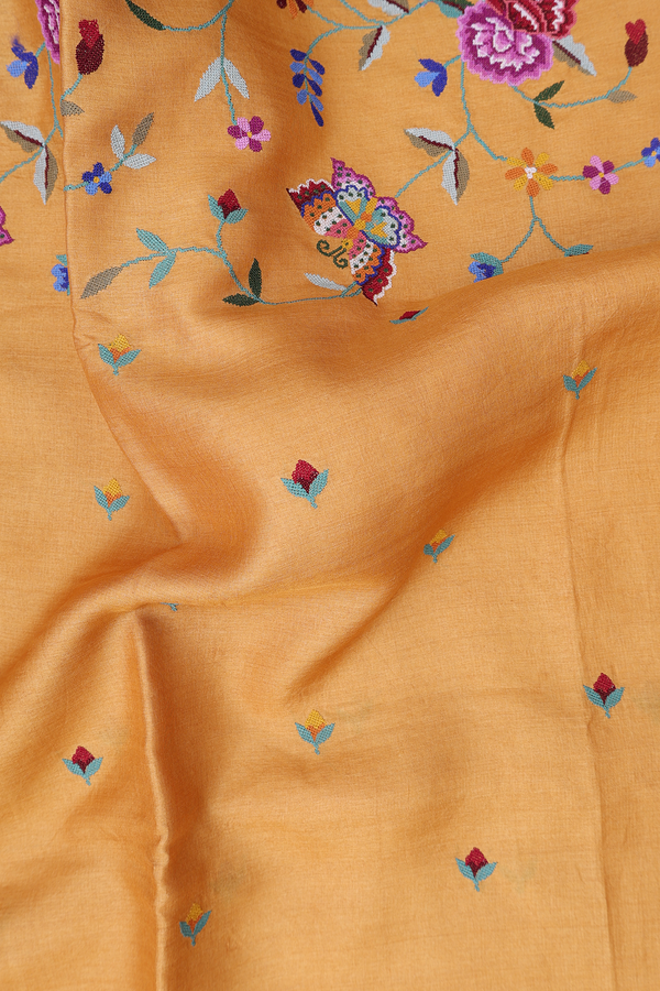 Tussar Silk Saree In Ochre Orange With Floral Buttas