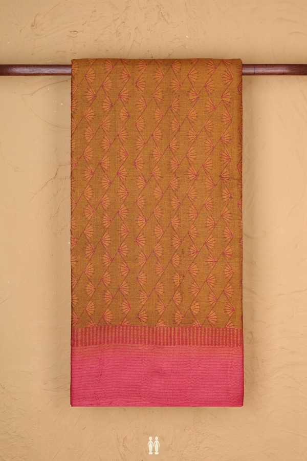 Tussar Silk Saree In Ochre Orange With Printed Design