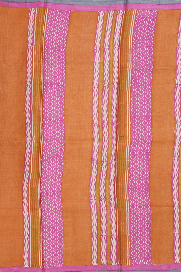 Tussar Silk Saree In Ochre Orange With Printed Design