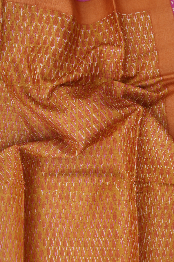 Tussar Silk Saree In Ochre Orange With Printed Design
