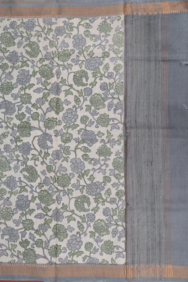 Tussar Silk Saree In Off White With Floral Design