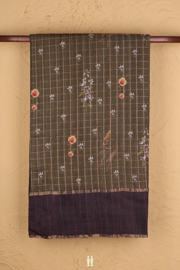 Tussar Silk Saree In Olive Green With Checks Design