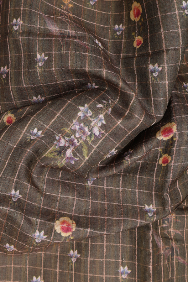Tussar Silk Saree In Olive Green With Checks Design