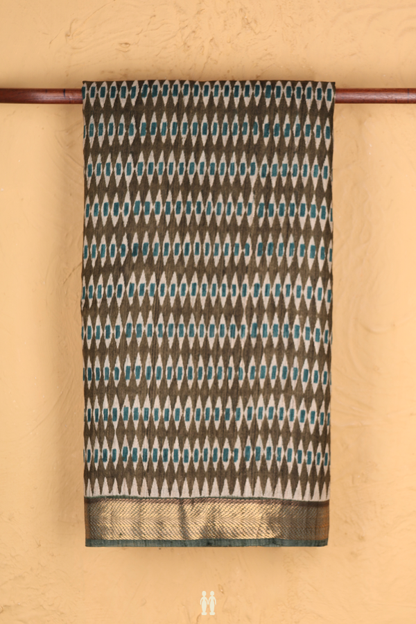 Tussar Silk Saree In Olive Green With Printed Design