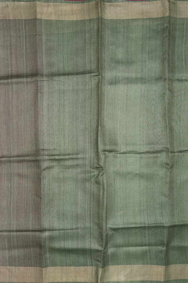 Tussar Silk Saree In Olive Green With Zari Border