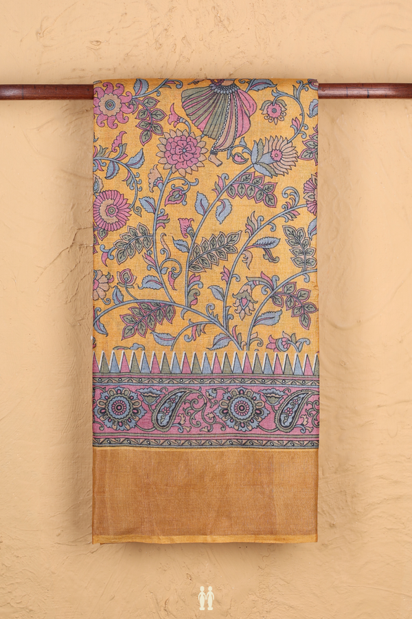 Tussar Silk Saree In Orange With Floral Design