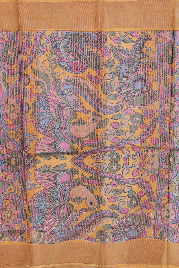 Tussar Silk Saree In Orange With Floral Design