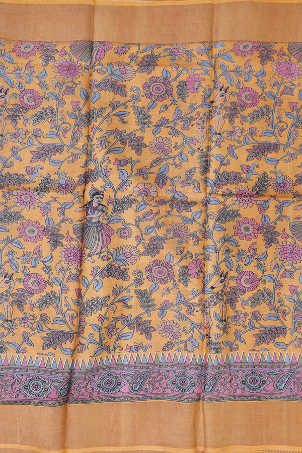 Tussar Silk Saree In Orange With Floral Design