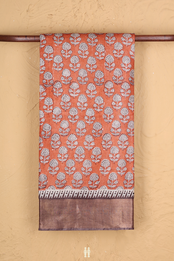 Tussar Silk Saree In Orange With Floral Printed Design