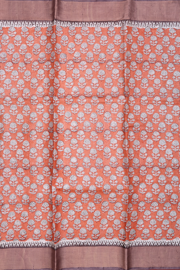 Tussar Silk Saree In Orange With Floral Printed Design