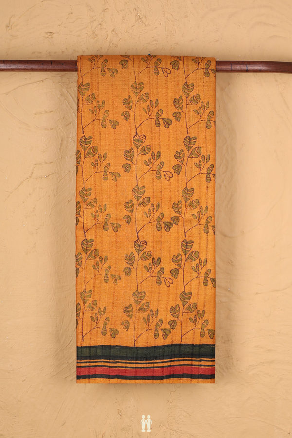 Tussar Silk Saree In Orange With Leaf Design