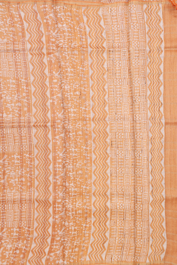 Tussar Silk Saree In Orange With Leaf Design