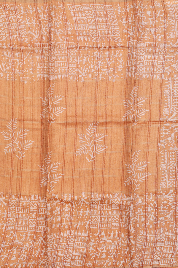 Tussar Silk Saree In Orange With Leaf Design