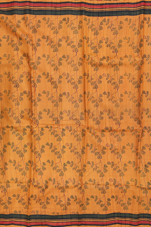 Tussar Silk Saree In Orange With Leaf Design