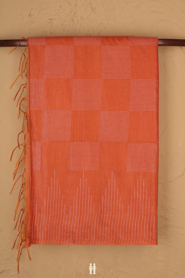 Tussar Silk Saree In Orange With Threadwork Design