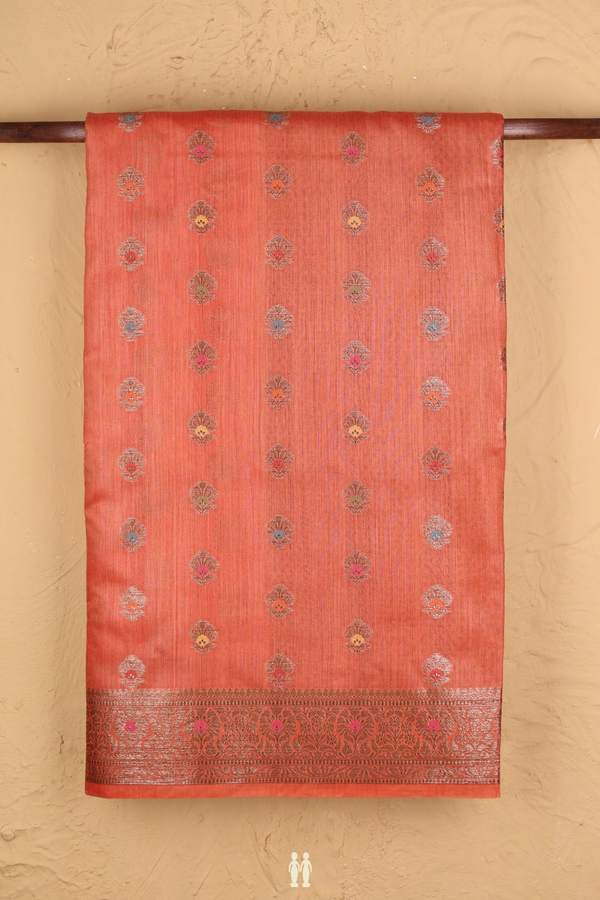 Tussar Silk Saree In Orange With Zari Buttas