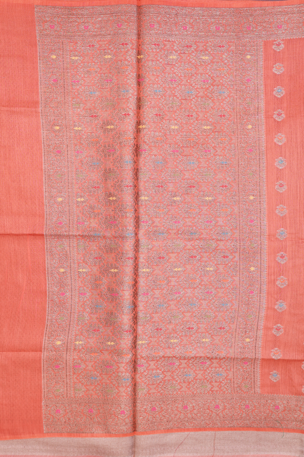 Tussar Silk Saree In Orange With Zari Buttas