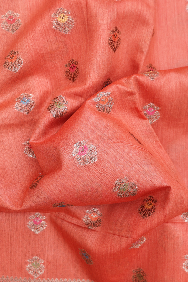 Tussar Silk Saree In Orange With Zari Buttas