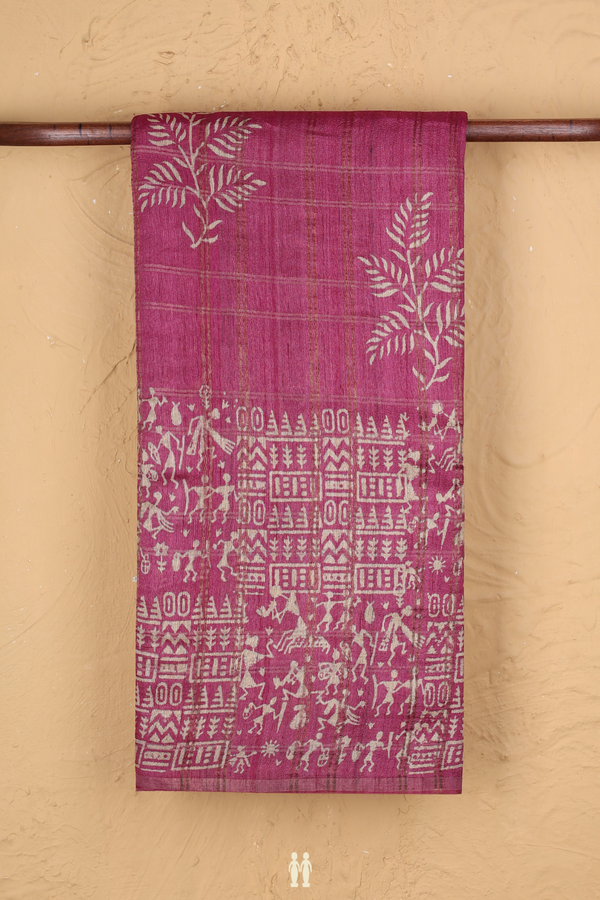 Tussar Silk Saree In Orchid Purple With Leaf Printed Design