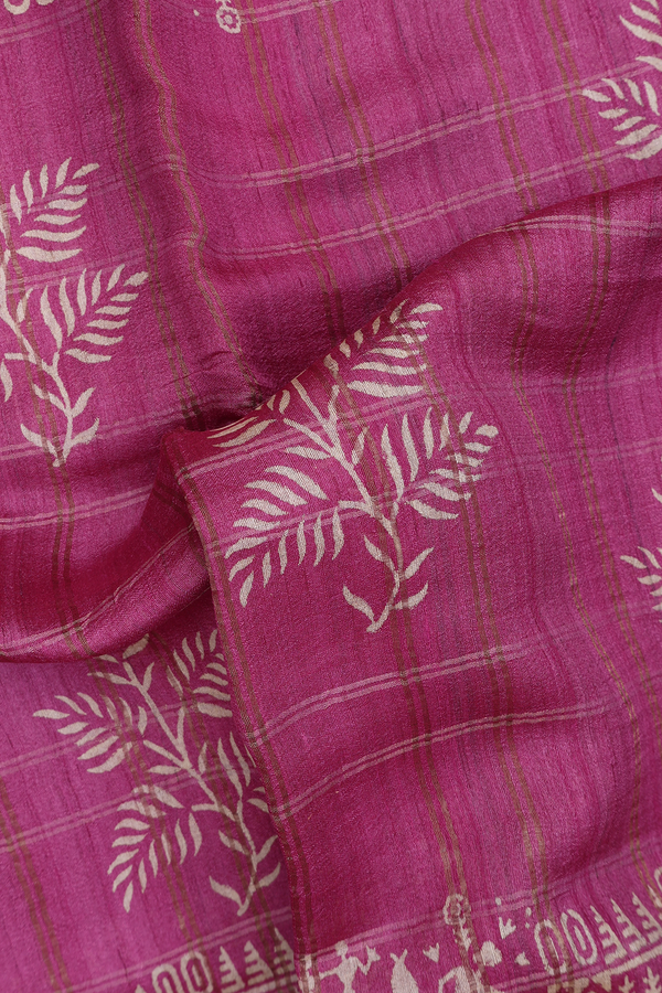 Tussar Silk Saree In Orchid Purple With Leaf Printed Design
